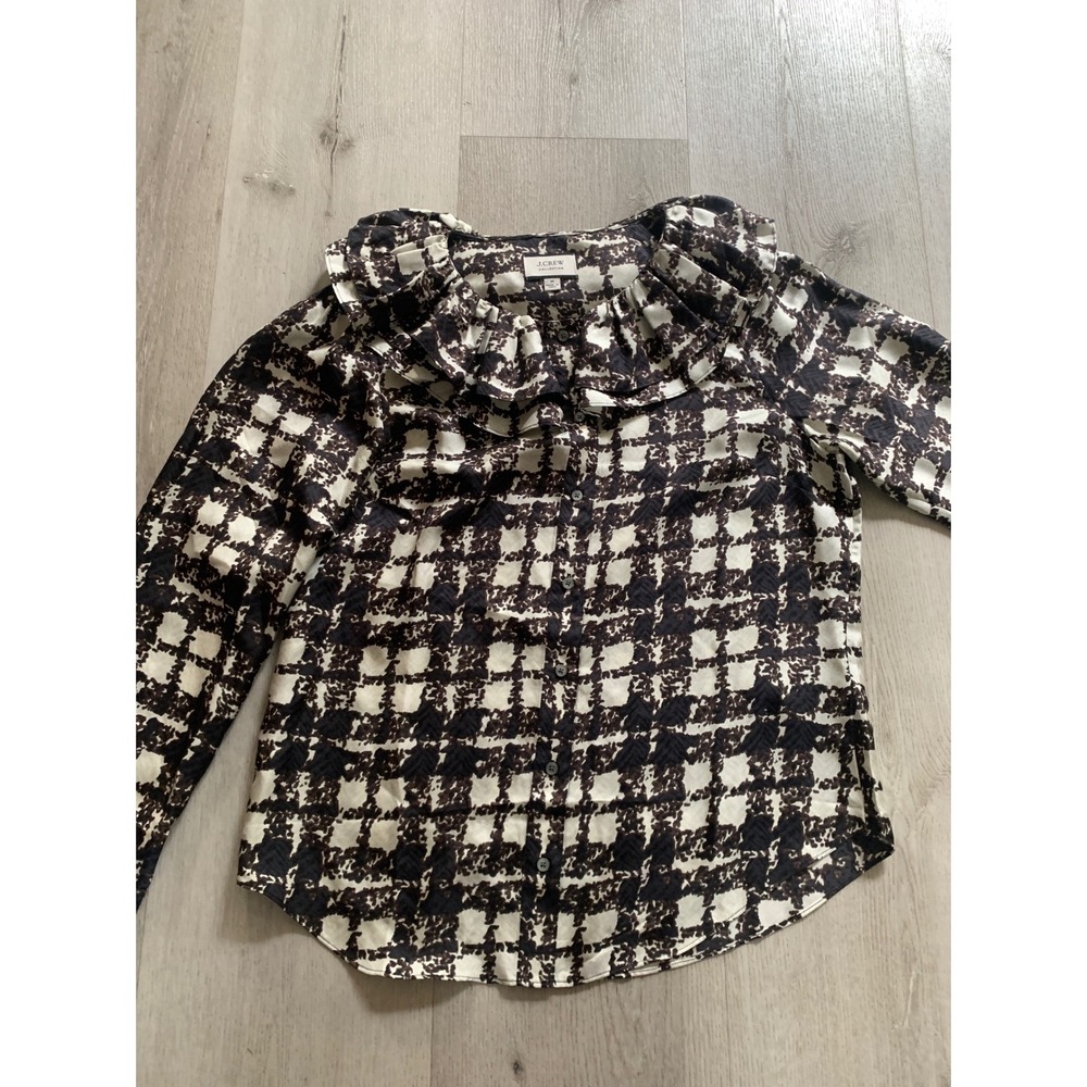 J.Crew Collection Womens 100% Silk Ruffle Collar Blouse Black Cream Plaid M